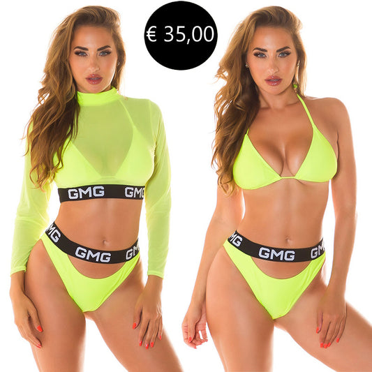 Set 3 pezzi costume da bagno - bikini + top giallo fluo 0000B12836