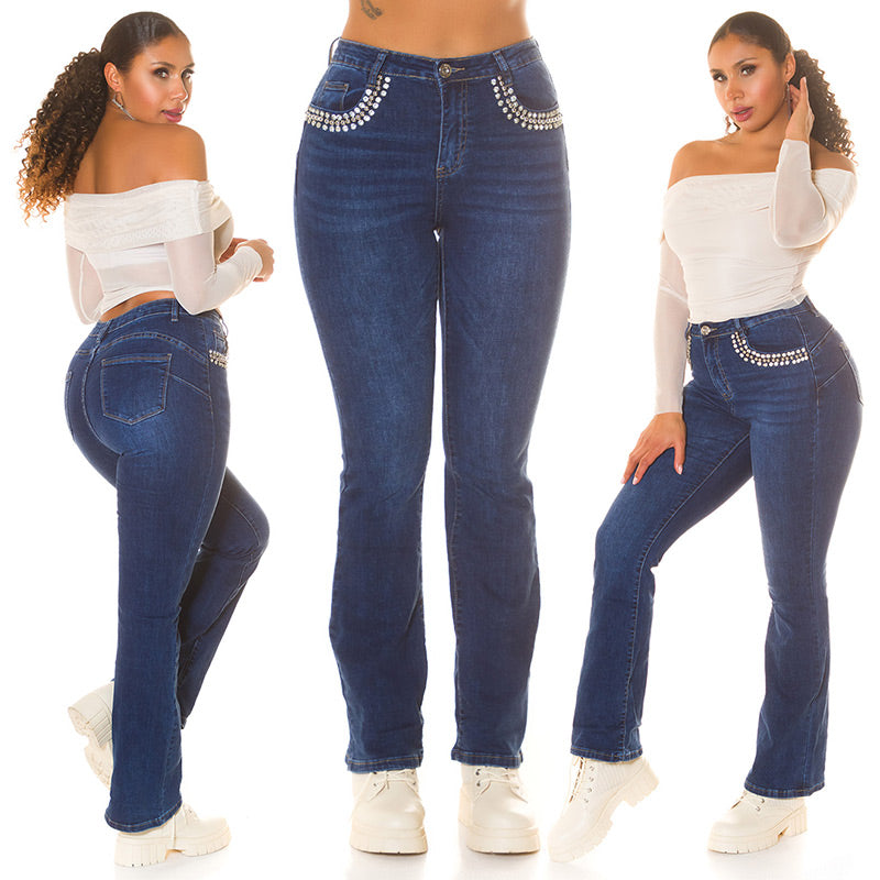 Jeans a vita alta con dettagli glitterati 0000J1733