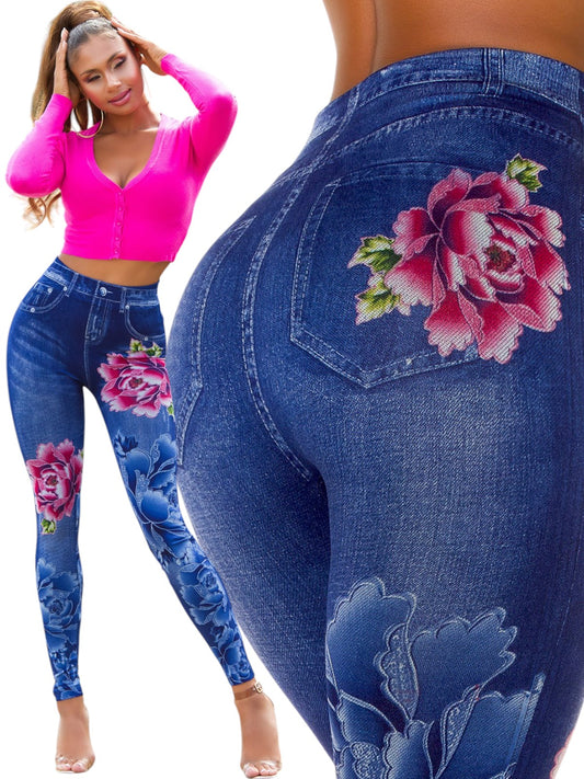 Leggins blu con stampa floreale 0000LE601