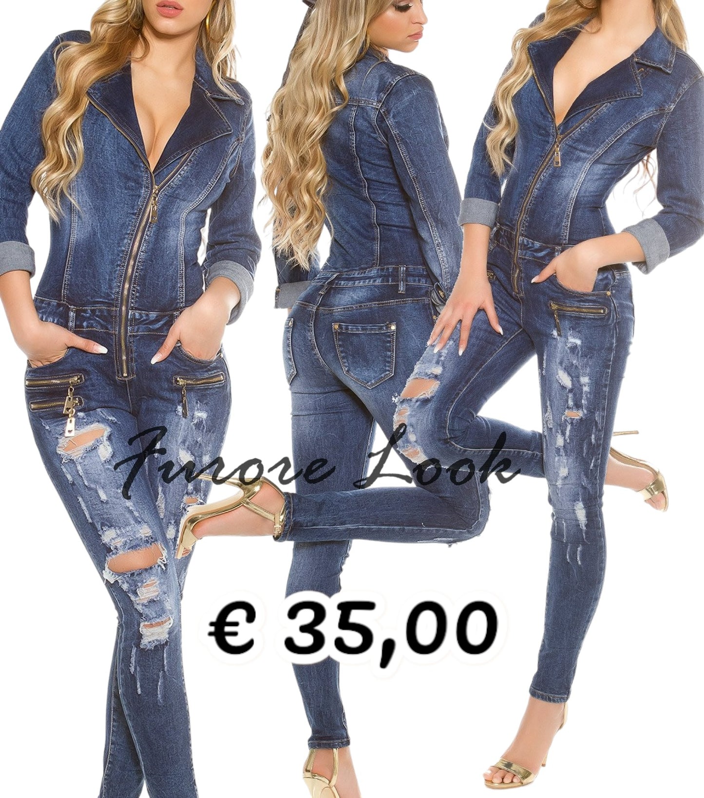 Salopette tuta in jeans con zip E1677