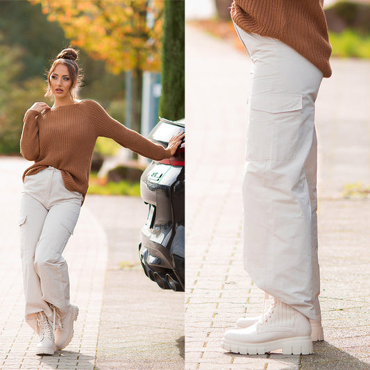 Pantaloni beige a vita alta 0000H02306